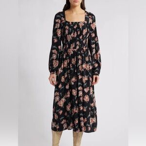 Treasure & Bond Floral Long Sleeve Dress - Black and Orange
